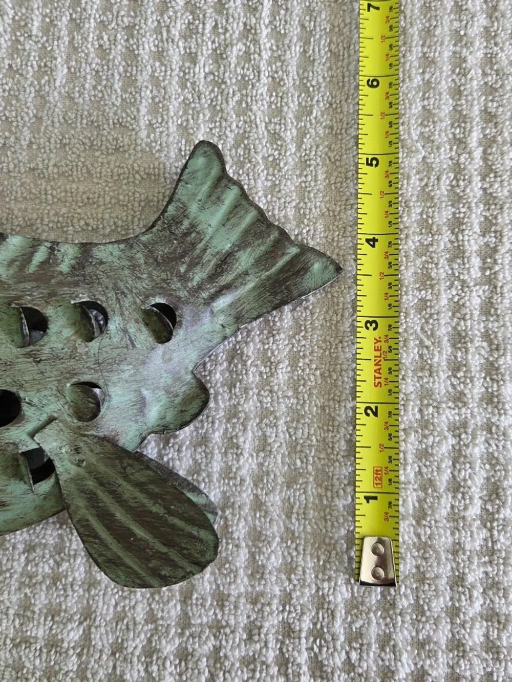 Metal Fish Tea Light Candle Holder Green Rustic Steel Sculpture 9” Cabin